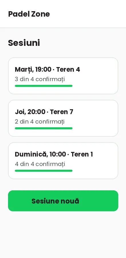 Ecranul cu sesiunile organizate